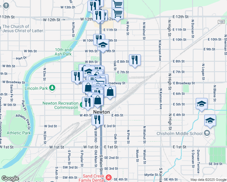 map of restaurants, bars, coffee shops, grocery stores, and more near 128 East 6th Street in Newton