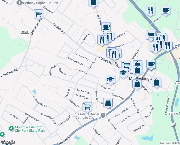 map of restaurants, bars, coffee shops, grocery stores, and more near 294 Erin Circle in Mount Washington