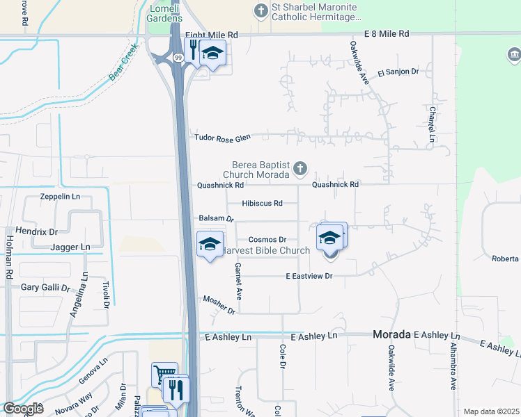 map of restaurants, bars, coffee shops, grocery stores, and more near 4732 Hibiscus Road in Stockton