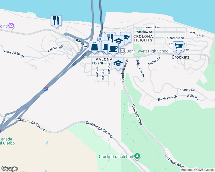 map of restaurants, bars, coffee shops, grocery stores, and more near 1335 Rose Street in Crockett