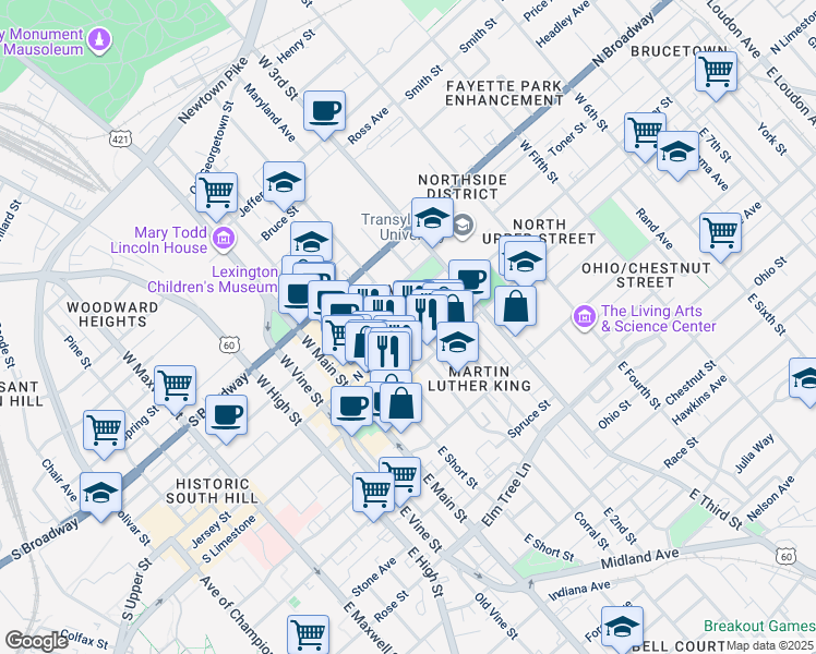 map of restaurants, bars, coffee shops, grocery stores, and more near 200 North Upper Street in Lexington