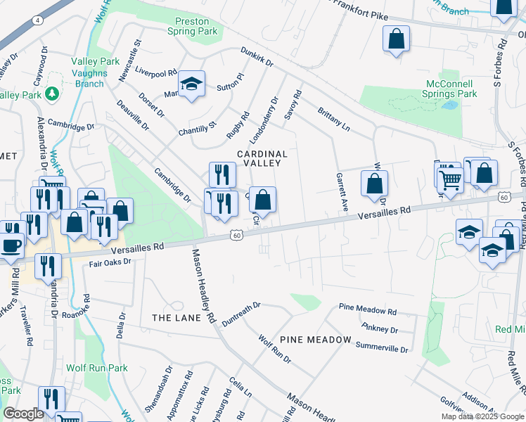 map of restaurants, bars, coffee shops, grocery stores, and more near 111 Westgate Drive in Lexington