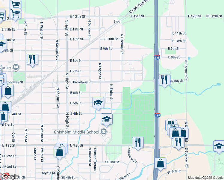 map of restaurants, bars, coffee shops, grocery stores, and more near 1002 East 6th Street in Newton