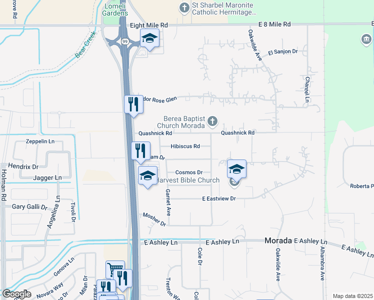 map of restaurants, bars, coffee shops, grocery stores, and more near 4732 Hibiscus Road in Stockton