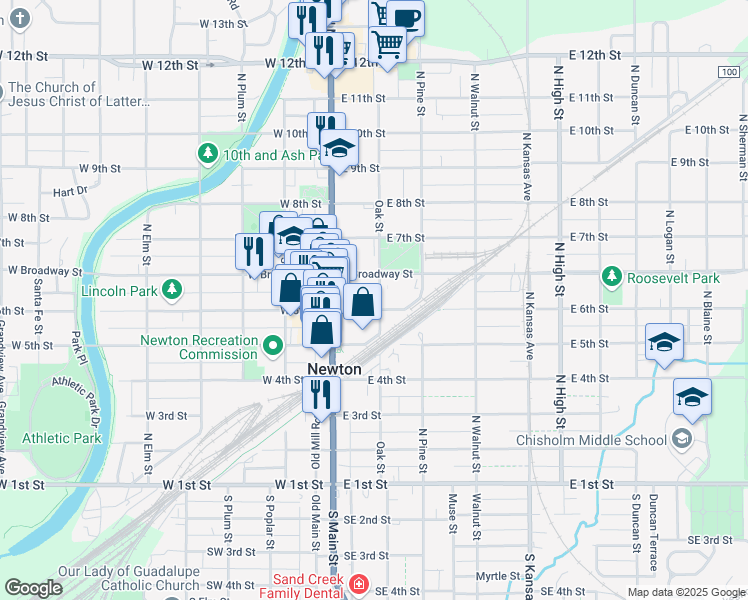 map of restaurants, bars, coffee shops, grocery stores, and more near 128 East 6th Street in Newton