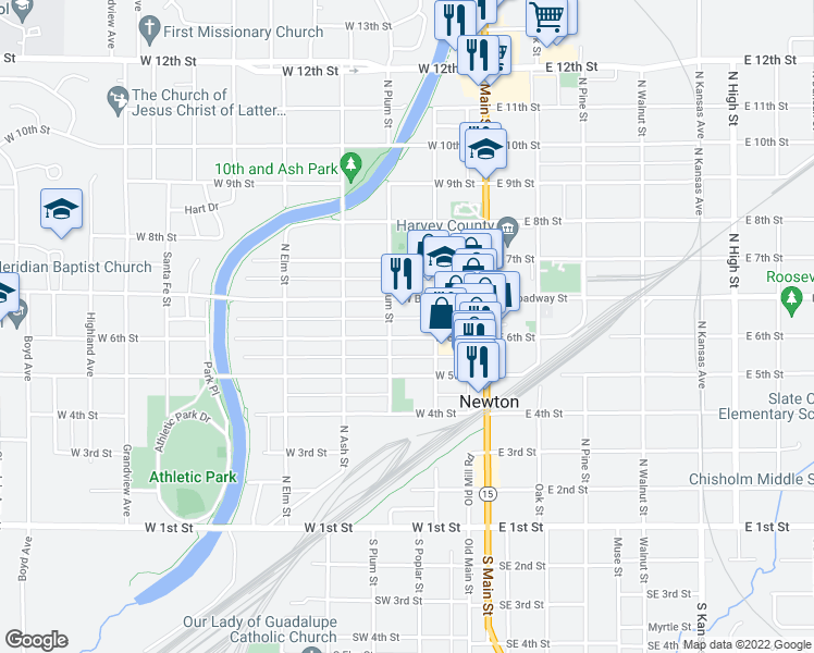 map of restaurants, bars, coffee shops, grocery stores, and more near 218 West 6th Street in Newton