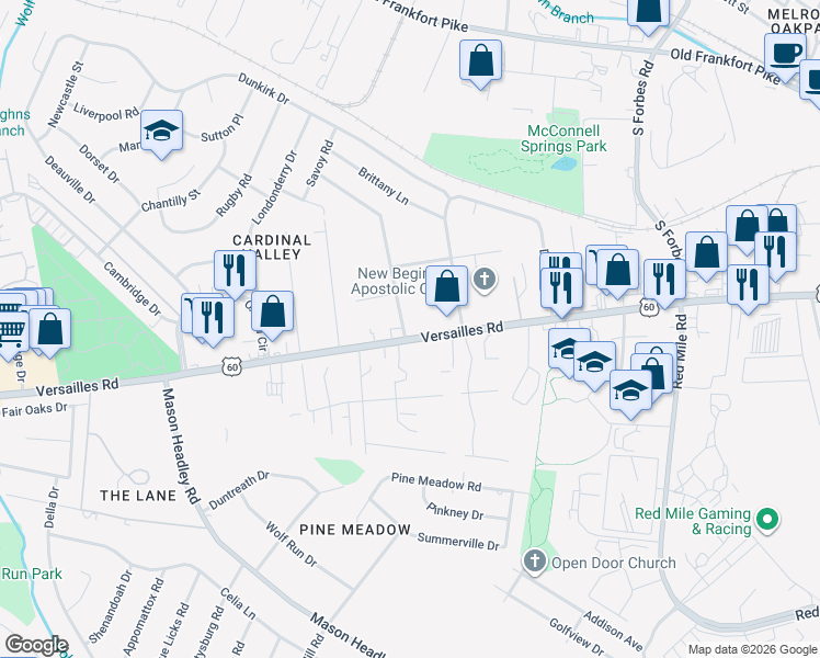 map of restaurants, bars, coffee shops, grocery stores, and more near 1617 Versailles Road in Lexington