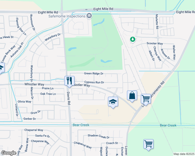map of restaurants, bars, coffee shops, grocery stores, and more near 10413 Wood Ridge Court in Stockton