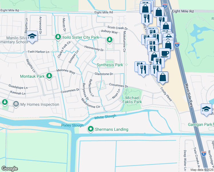 map of restaurants, bars, coffee shops, grocery stores, and more near 5382 Cosumnes Drive in Stockton