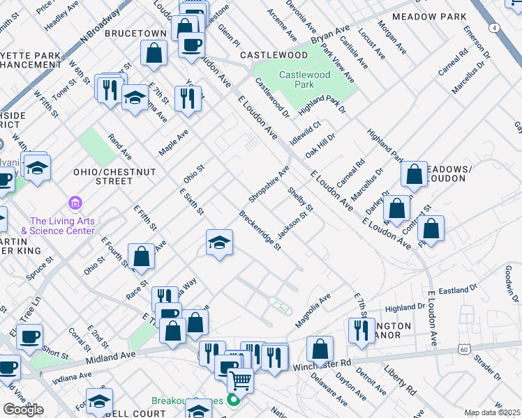 map of restaurants, bars, coffee shops, grocery stores, and more near 522 East 7th Street in Lexington