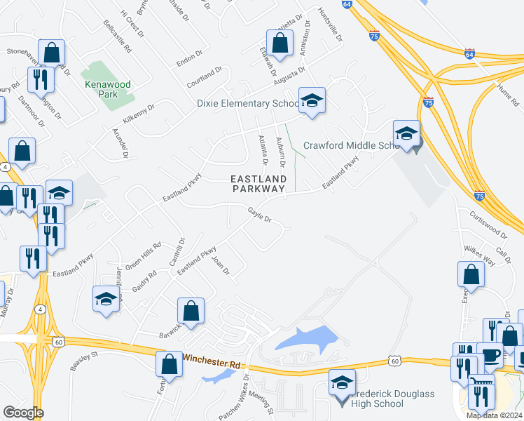 map of restaurants, bars, coffee shops, grocery stores, and more near 1801 Gayle Drive in Lexington