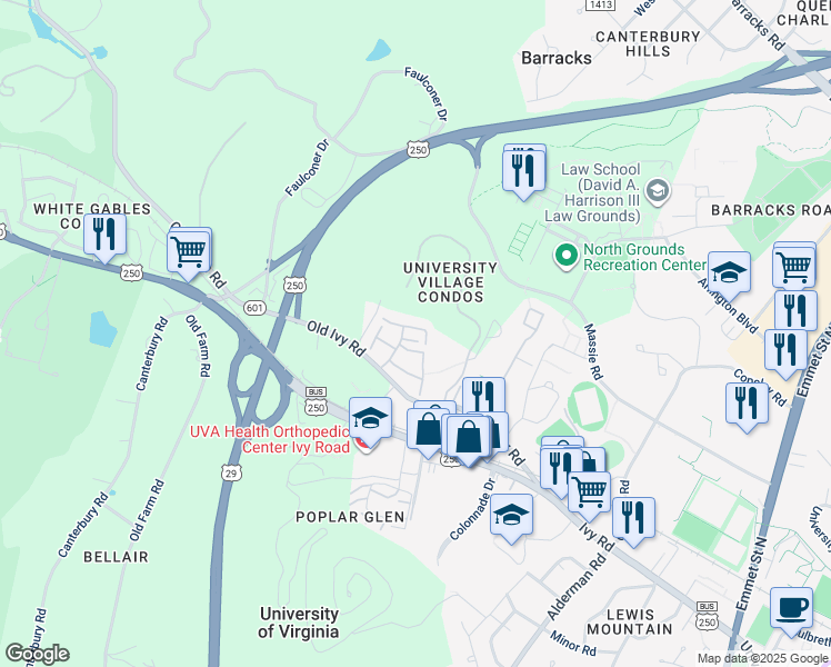 map of restaurants, bars, coffee shops, grocery stores, and more near 205 Harvest Drive in Charlottesville