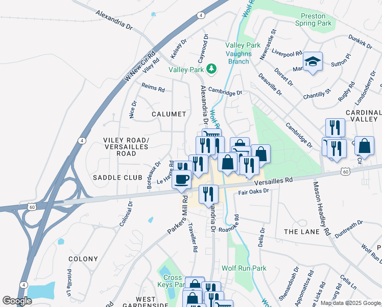 map of restaurants, bars, coffee shops, grocery stores, and more near 1344 Devonport Drive in Lexington