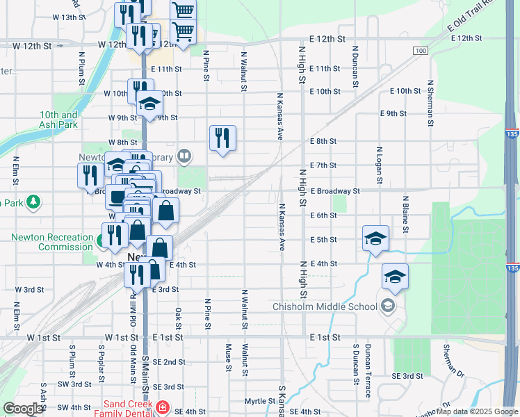 map of restaurants, bars, coffee shops, grocery stores, and more near 410 East 6th Street in Newton
