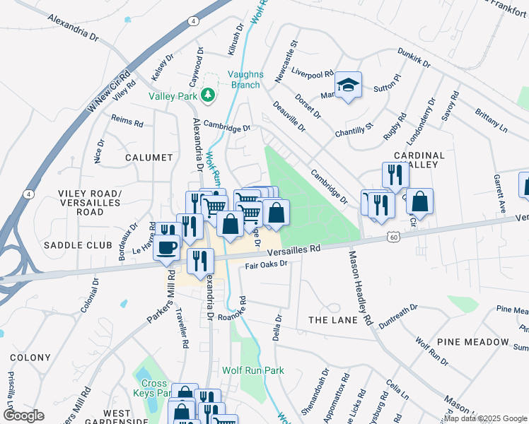 map of restaurants, bars, coffee shops, grocery stores, and more near 1346 Village Drive in Lexington
