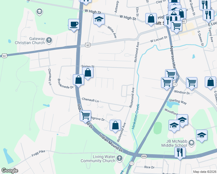map of restaurants, bars, coffee shops, grocery stores, and more near 320 Clearwater Way in Mount Sterling