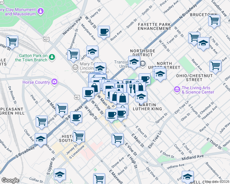 map of restaurants, bars, coffee shops, grocery stores, and more near 170 Market Street in Lexington