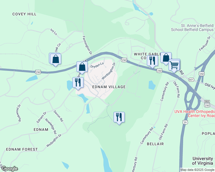 map of restaurants, bars, coffee shops, grocery stores, and more near 16 Ednam Village Street in Charlottesville