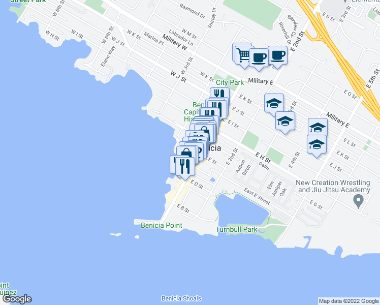 map of restaurants, bars, coffee shops, grocery stores, and more near 128 West F Street in Benicia