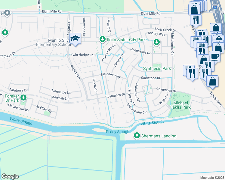 map of restaurants, bars, coffee shops, grocery stores, and more near 10217 Lanier Lane in Stockton