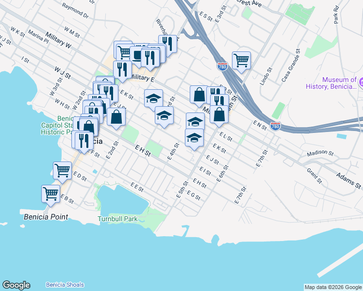 map of restaurants, bars, coffee shops, grocery stores, and more near 408 East J Street in Benicia