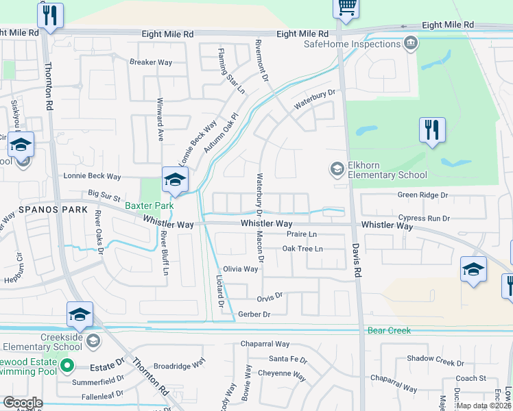 map of restaurants, bars, coffee shops, grocery stores, and more near 10302 Big Oak Circle in Stockton