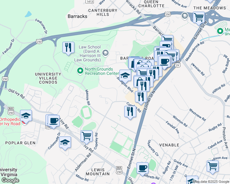 map of restaurants, bars, coffee shops, grocery stores, and more near 448 Seymour Road in Charlottesville