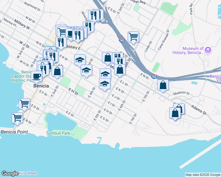 map of restaurants, bars, coffee shops, grocery stores, and more near 1028 East 5th Street in Benicia