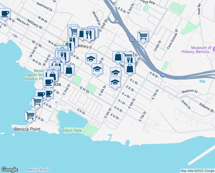 map of restaurants, bars, coffee shops, grocery stores, and more near 408 East J Street in Benicia