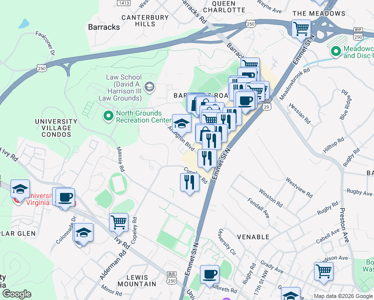 map of restaurants, bars, coffee shops, grocery stores, and more near 2104 Arlington Boulevard in Charlottesville