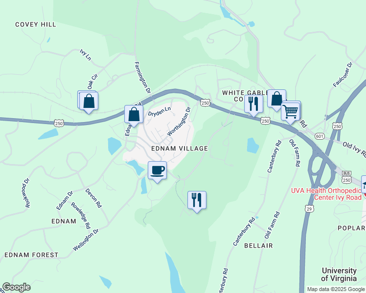 map of restaurants, bars, coffee shops, grocery stores, and more near 19 Ednam Village Street in Charlottesville