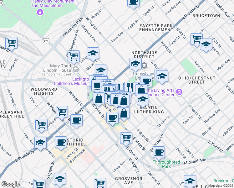 map of restaurants, bars, coffee shops, grocery stores, and more near 170 Market Street in Lexington