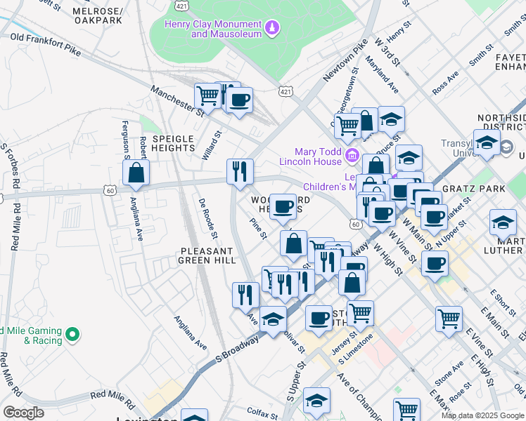 map of restaurants, bars, coffee shops, grocery stores, and more near in Lexington