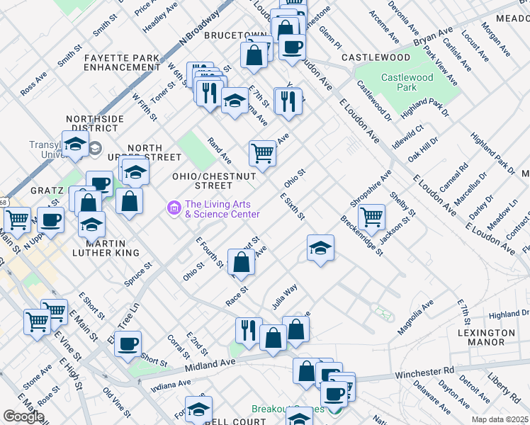map of restaurants, bars, coffee shops, grocery stores, and more near 530 Ohio Street in Lexington
