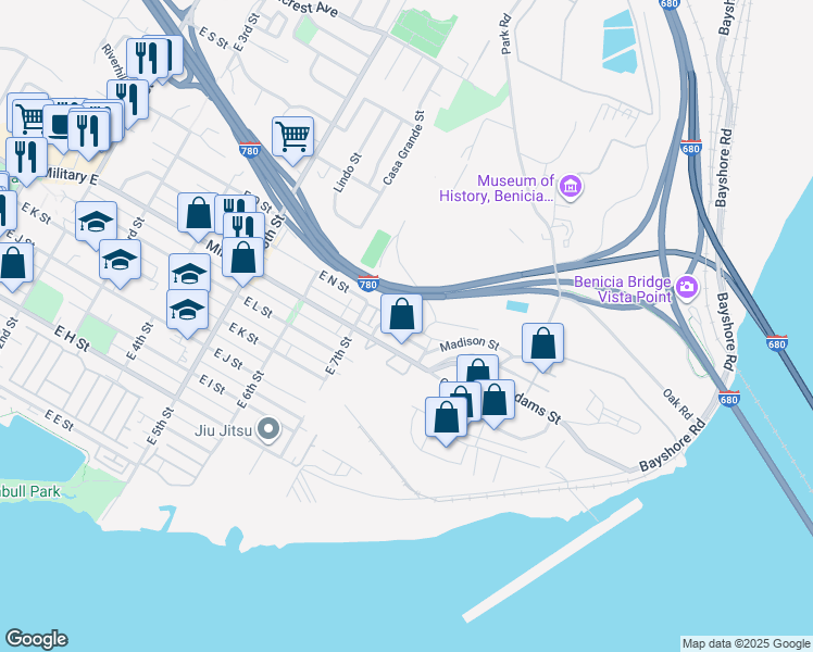 map of restaurants, bars, coffee shops, grocery stores, and more near 754 Buchanan Street in Benicia
