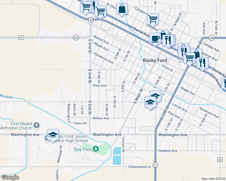 map of restaurants, bars, coffee shops, grocery stores, and more near 711 South 7th Street in Rocky Ford