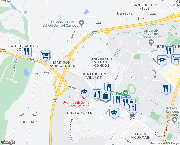 map of restaurants, bars, coffee shops, grocery stores, and more near 239 Harvest Drive in Charlottesville