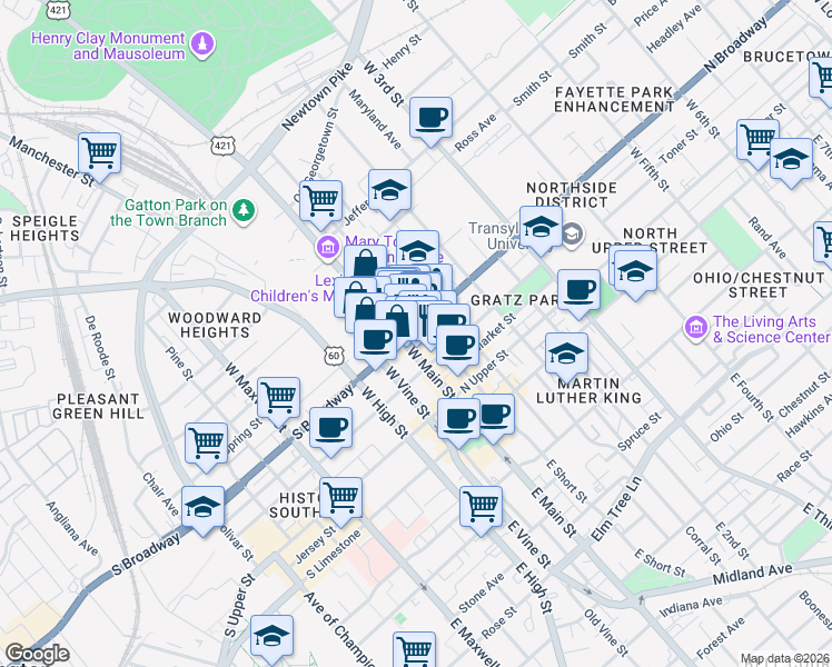 map of restaurants, bars, coffee shops, grocery stores, and more near 109 North Mill Street in Lexington