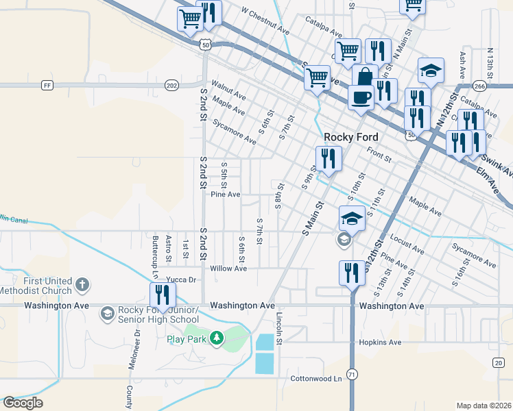 map of restaurants, bars, coffee shops, grocery stores, and more near 711 South 7th Street in Rocky Ford