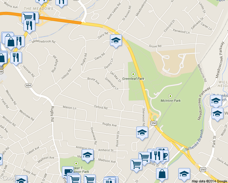 map of restaurants, bars, coffee shops, grocery stores, and more near 1509 Greenleaf Lane in Charlottesville