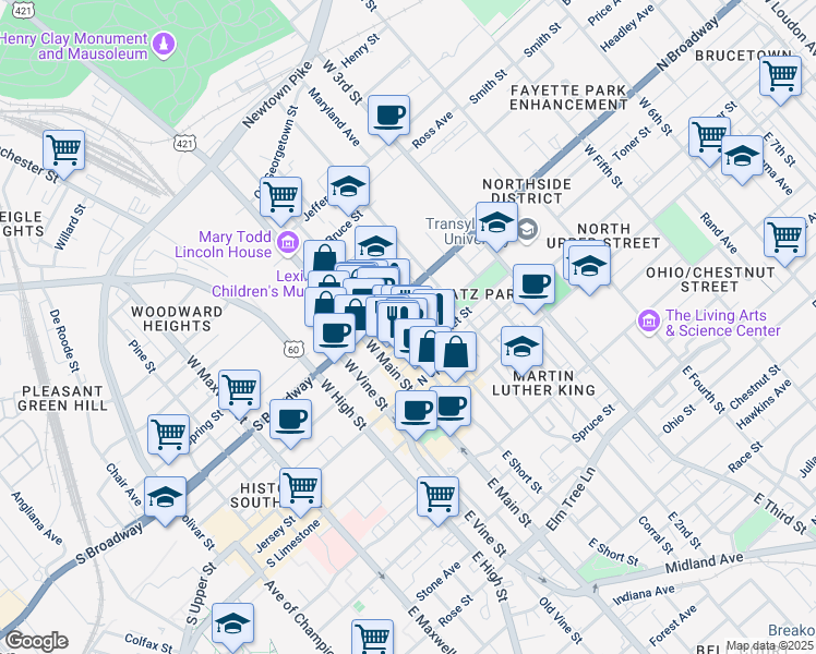 map of restaurants, bars, coffee shops, grocery stores, and more near 139 North Mill Street in Lexington