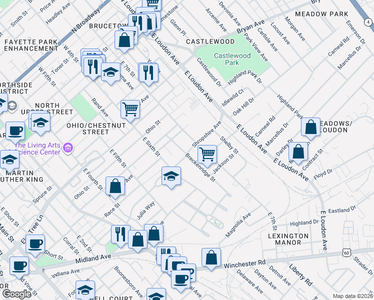 map of restaurants, bars, coffee shops, grocery stores, and more near 461 Breckenridge Street in Lexington