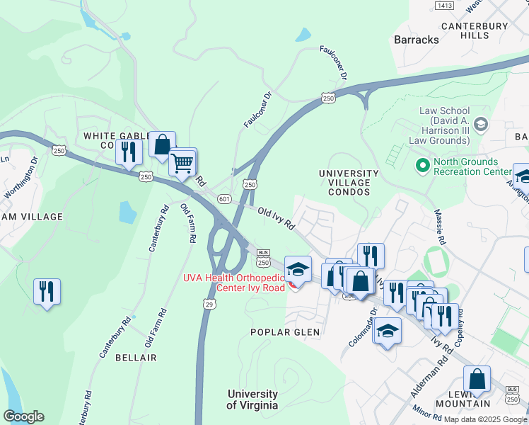 map of restaurants, bars, coffee shops, grocery stores, and more near 2450 Old Ivy Road in Charlottesville