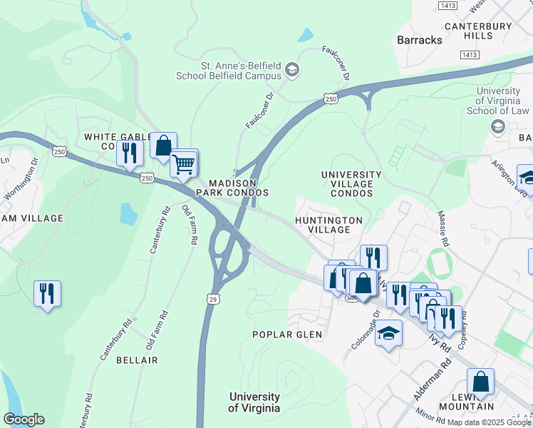 map of restaurants, bars, coffee shops, grocery stores, and more near 2450 Old Ivy Road in Charlottesville