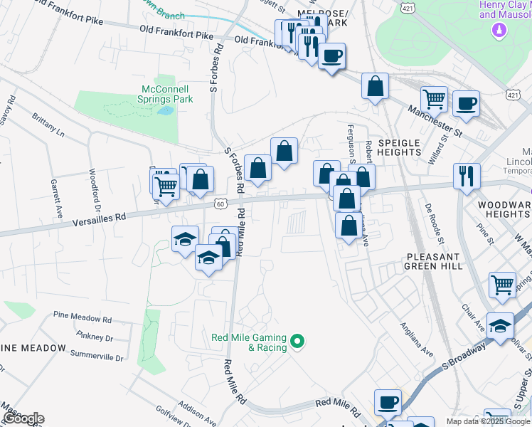 map of restaurants, bars, coffee shops, grocery stores, and more near 1306 Versailles Road in Lexington