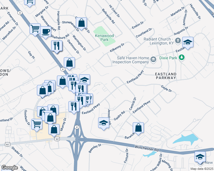 map of restaurants, bars, coffee shops, grocery stores, and more near 1585 Martha Court in Lexington