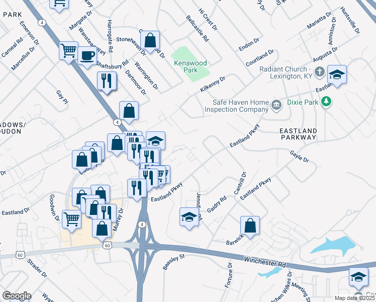 map of restaurants, bars, coffee shops, grocery stores, and more near 1585 Martha Court in Lexington
