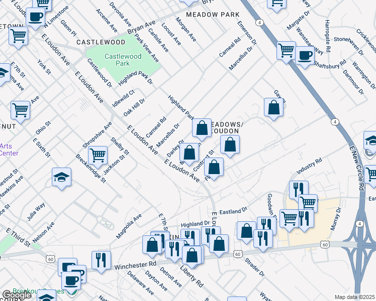 map of restaurants, bars, coffee shops, grocery stores, and more near 821 Meadow Lane in Lexington