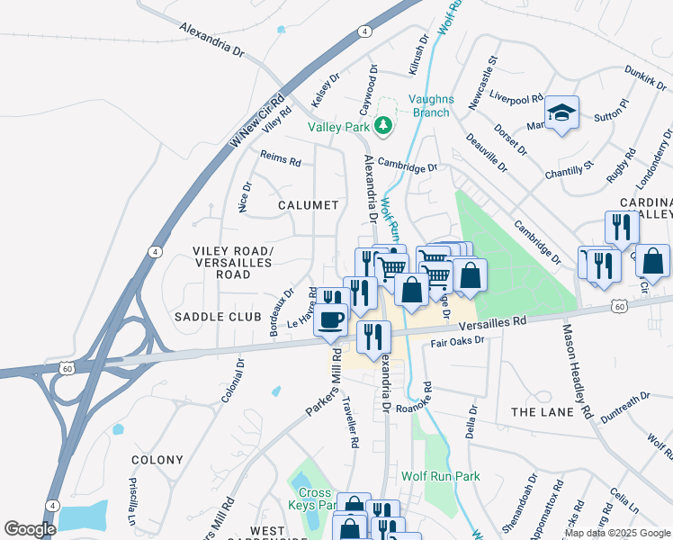 map of restaurants, bars, coffee shops, grocery stores, and more near 2348 Le Havre Road in Lexington