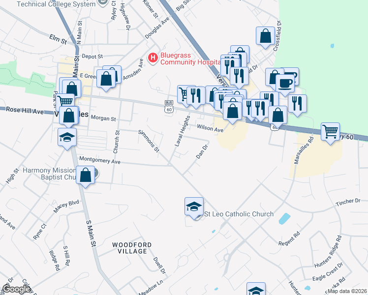 map of restaurants, bars, coffee shops, grocery stores, and more near 216 Curry Court in Versailles